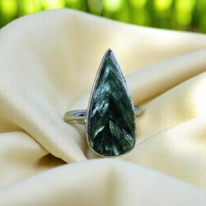 Green Seraphinite Ring: Pear Shape, 925 Sterling Silver, Handmade Green Seraphinite Ring: Pear Shape, 925 Sterling Silver, Handmade