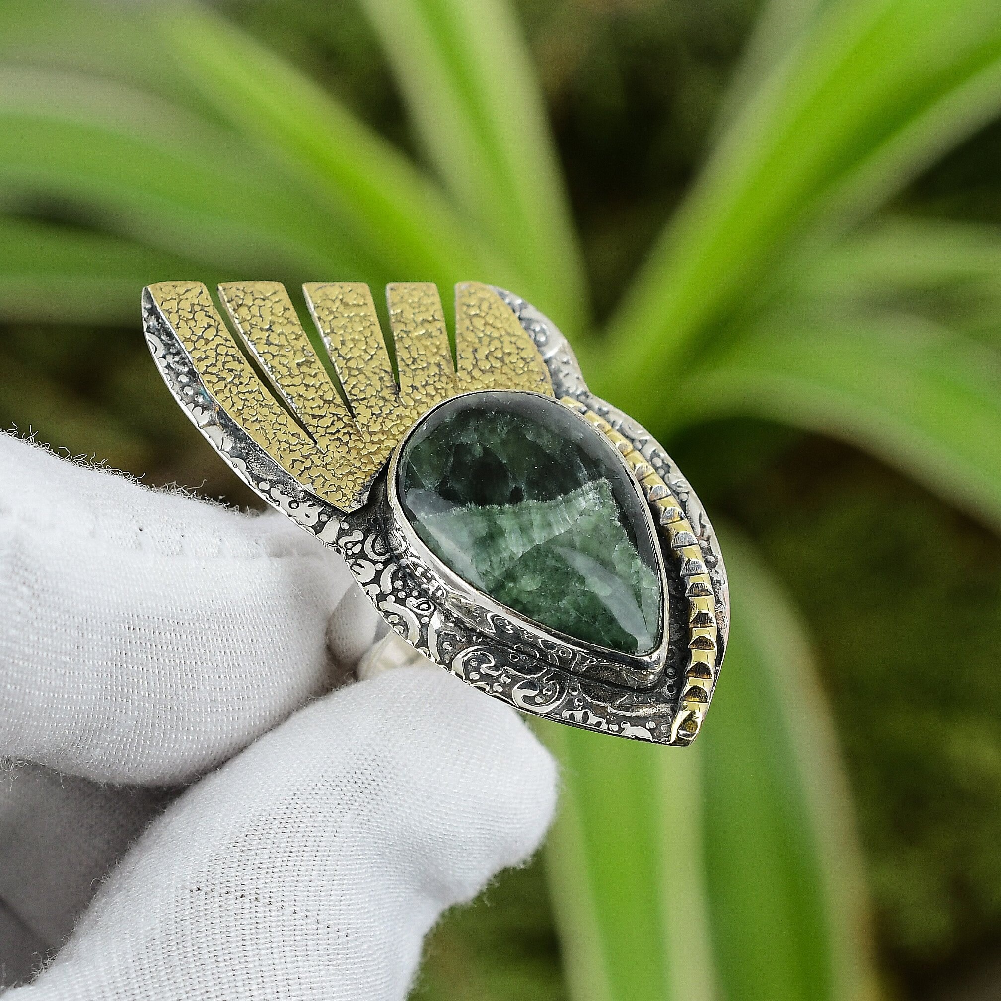 Handmade Seraphinite Ring: 18k Gold Plated Sterling Silver Flower Ring