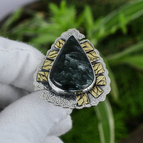 Handmade Seraphinite Ring: 925 Sterling Silver, 18k Gold Plated, Adjustable