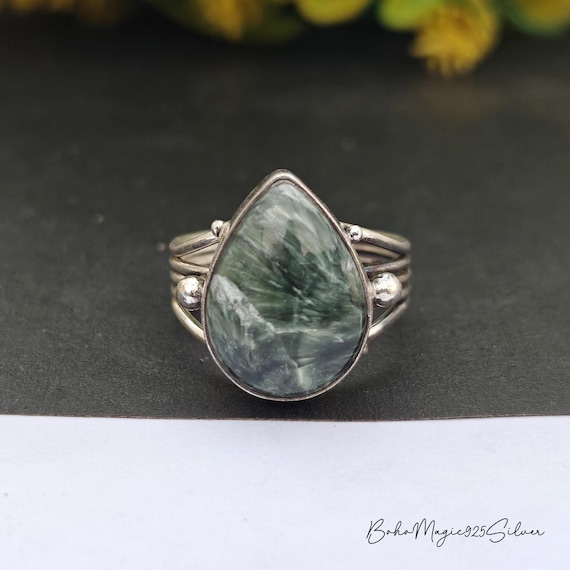 Handmade Seraphinite Gemstone Ring: 925 Sterling Silver, Pear Stone Handmade Seraphinite Gemstone Ring: 925 Sterling Silver, Pear Stone