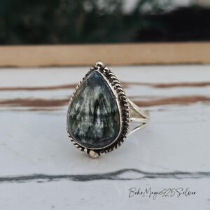 Handmade Seraphinite Gemstone Ring: Pear Boho 925 Sterling Silver Handmade Seraphinite Gemstone Ring: Pear Boho 925 Sterling Silver