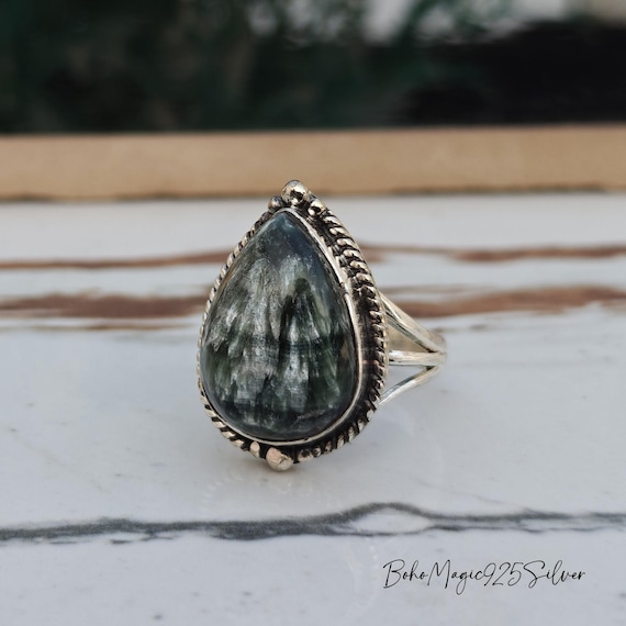 Handmade Seraphinite Gemstone Ring: Pear Boho 925 Sterling Silver