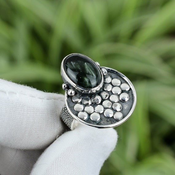 Handmade Seraphinite Ring: Oval Gemstone, 925 Sterling Silver, Size 7