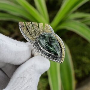 Handmade Pear Seraphinite Ring: 18k Gold Plated Sterling Silver Adjustable Band Handmade Pear Seraphinite Ring: 18k Gold Plated Sterling Silver Adjustable Band