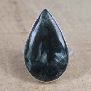Handmade Pear Seraphinite Ring: 925 Sterling Silver Gemstone Handmade Pear Seraphinite Ring: 925 Sterling Silver Gemstone