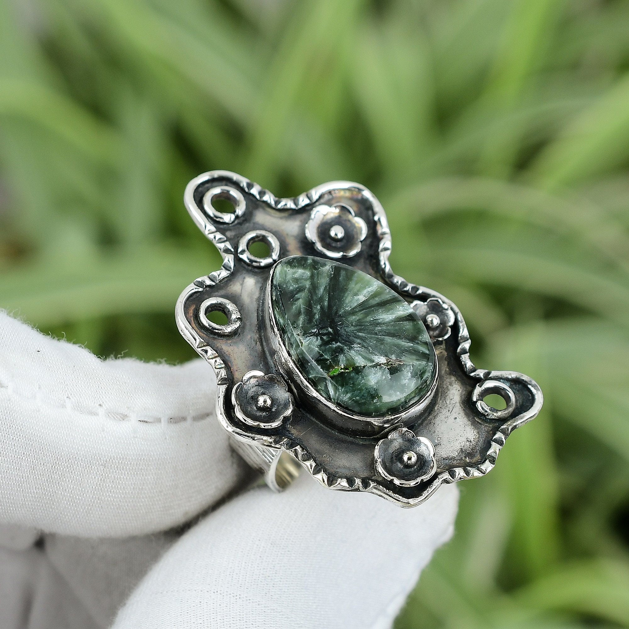Handmade Seraphinite Ring: Pear Gemstone, Sterling Silver, Size 8.5