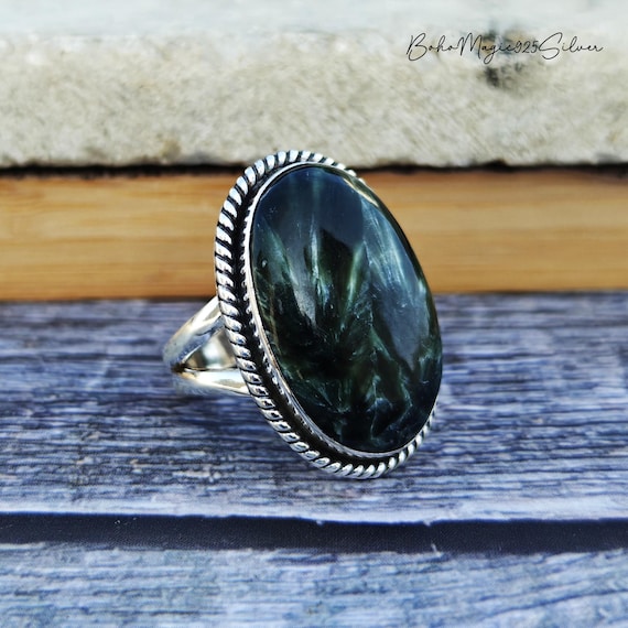 Handmade Seraphinite Sterling Silver Ring: Boho Statement Jewelry
