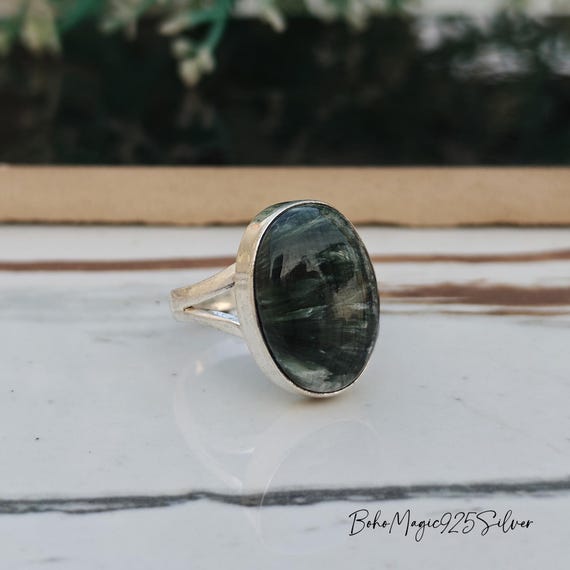 Handmade Seraphinite Sterling Silver Ring: Gemstone Statement Jewelry