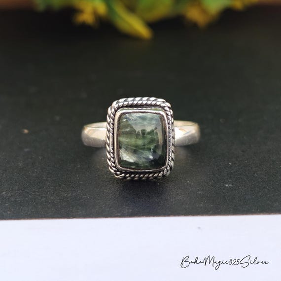 Handmade Seraphinite Sterling Silver Ring: Square Statement Jewelry