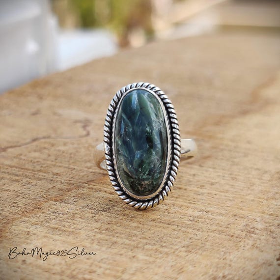 Handmade Seraphinite Ring: Sterling Silver Boho Statement