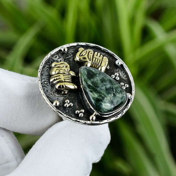 Handmade Seraphinite Ring: Sterling Silver, 18k Gold Plated Elephant Jewelry