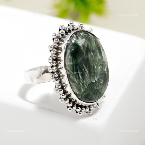 Natural Seraphinite Ring: Green Gemstone, 925 Sterling Silver