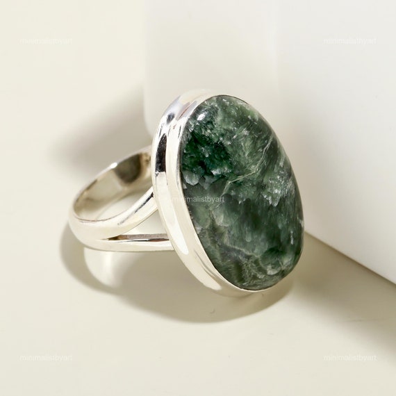 Natural Seraphinite Ring: Handmade Sterling Silver Statement Jewelry