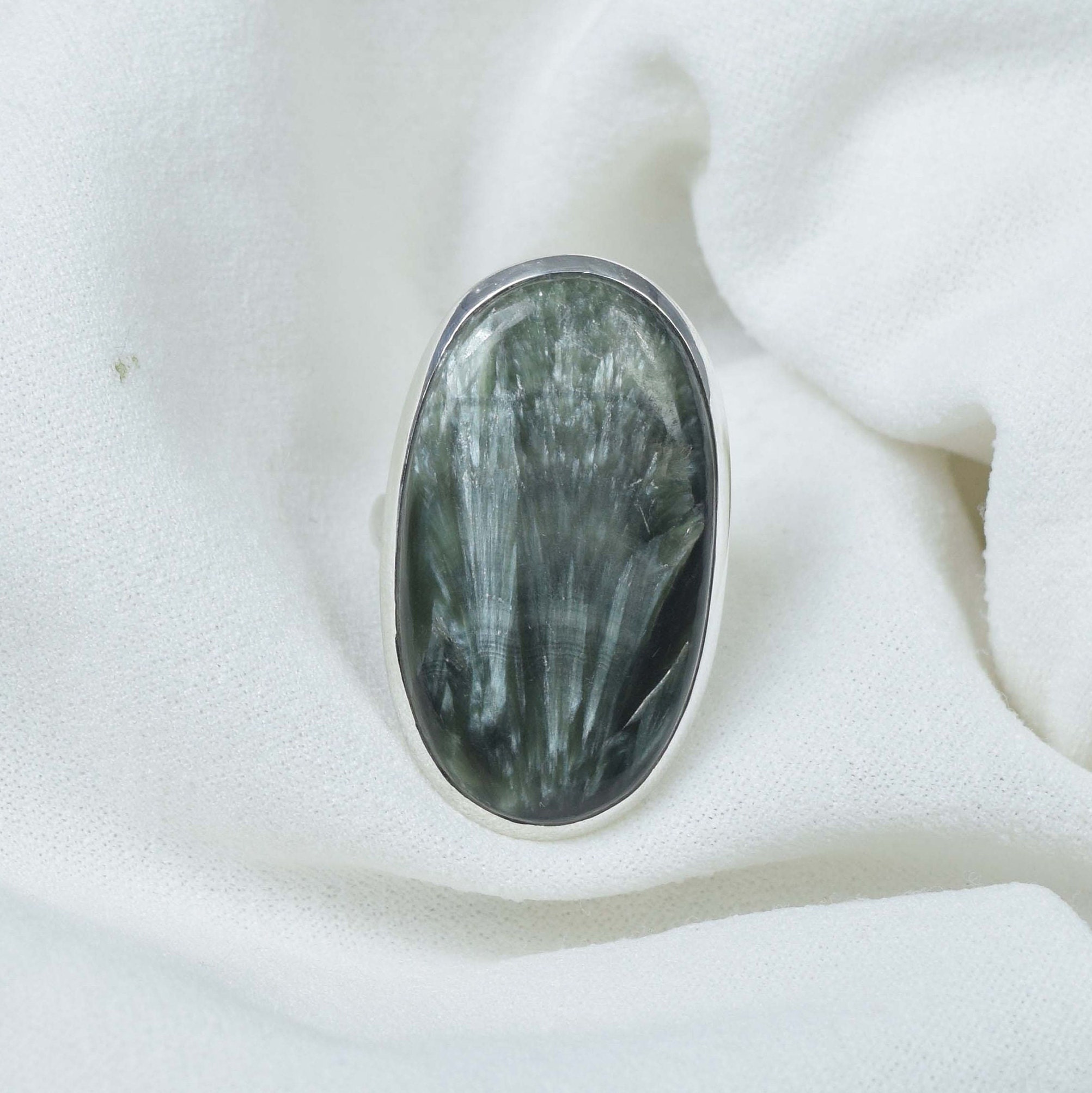 Seraphinite Ring, Oval Gemstone, 925 Sterling Silver, Handmade