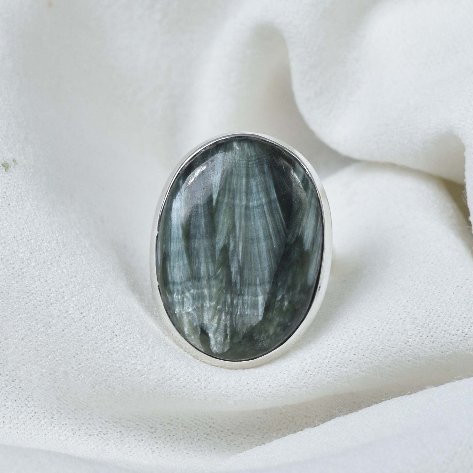 Oval Seraphinite Ring: Handmade 925 Sterling Silver Gemstone, Us Size 7