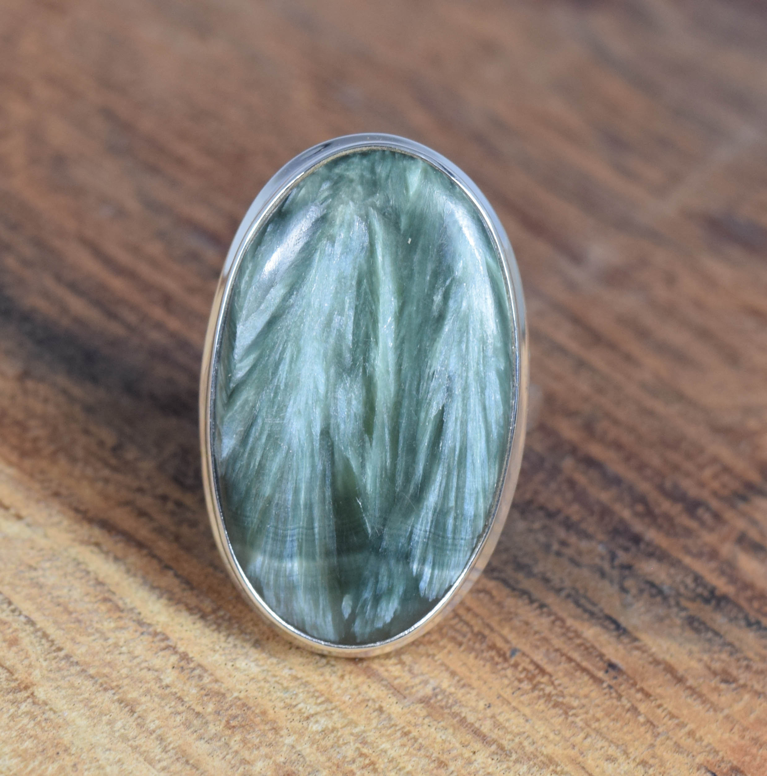 Oval Seraphinite Sterling Silver Ring - Handmade Gemstone Jewelry, Us Size 9