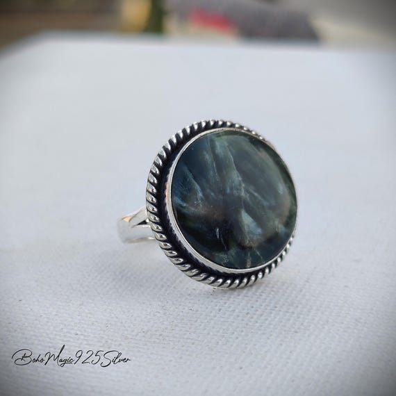 Round Seraphinite Ring: Handmade Sterling Silver Boho Jewelry