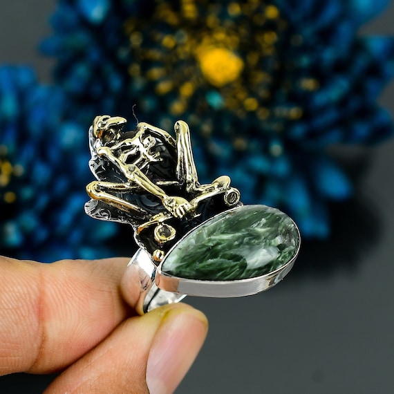 Seraphinite Skeleton Ring: 18k Gold Plated Sterling Silver Adjustable Ring