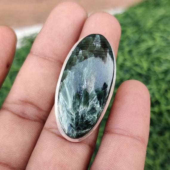 Seraphinite Sterling Silver Ring: Green Feather Stone, Handmade Boho Statement