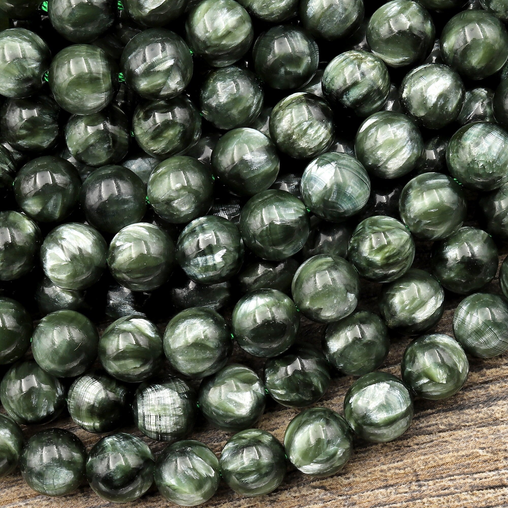 Aaa Russian Seraphinite Smooth Round Beads 6mm 8mm 10mm 12mm Real Genuine Green Gemstone 15.5" Strand