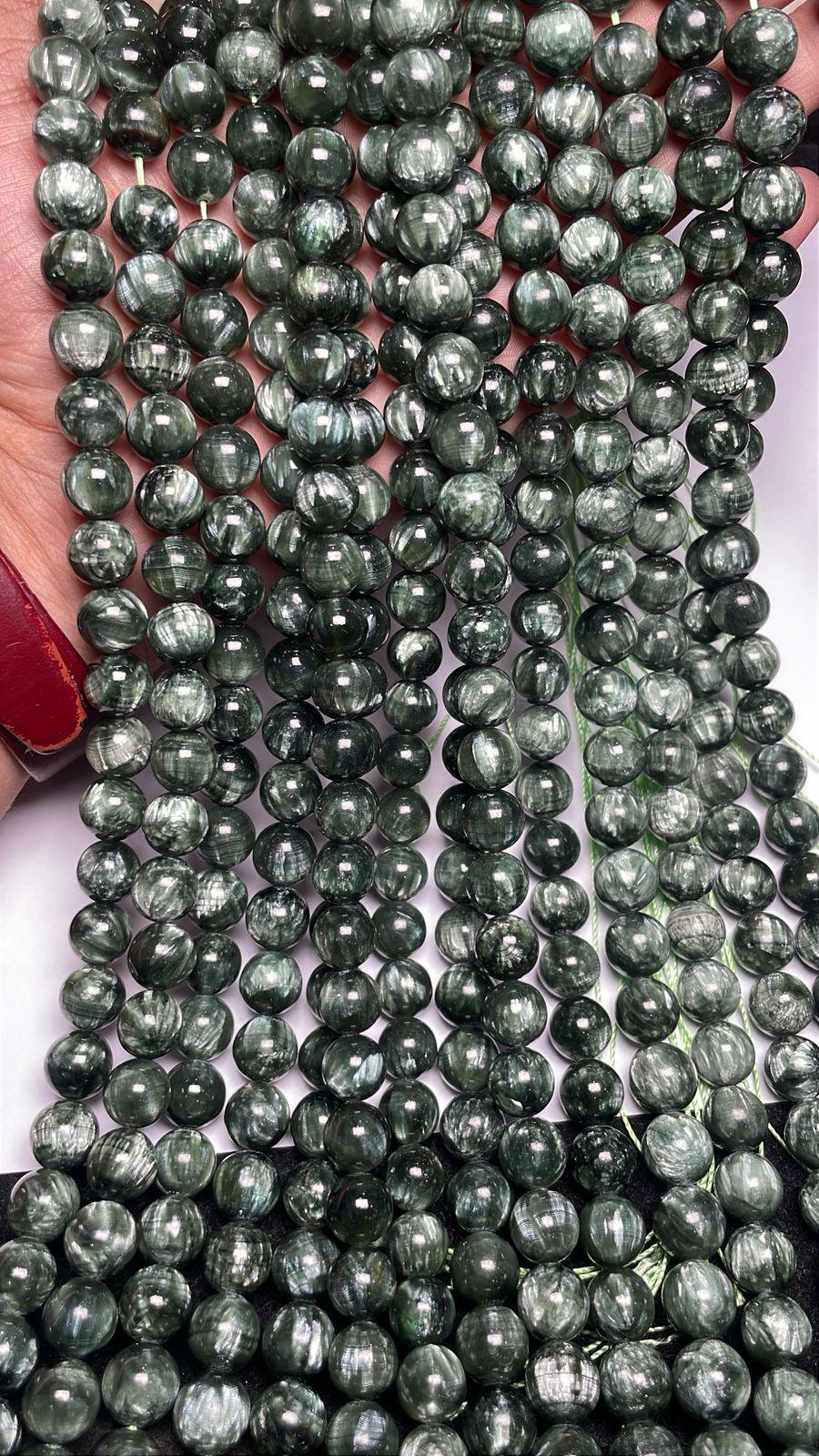 Natural Seraphinite Smooth Round Shape Gemstone Beads, Size- 9-10 Mm Loose Strand- 15.5 Inch For Making Jewelry, Semi Precious Mala For Sale