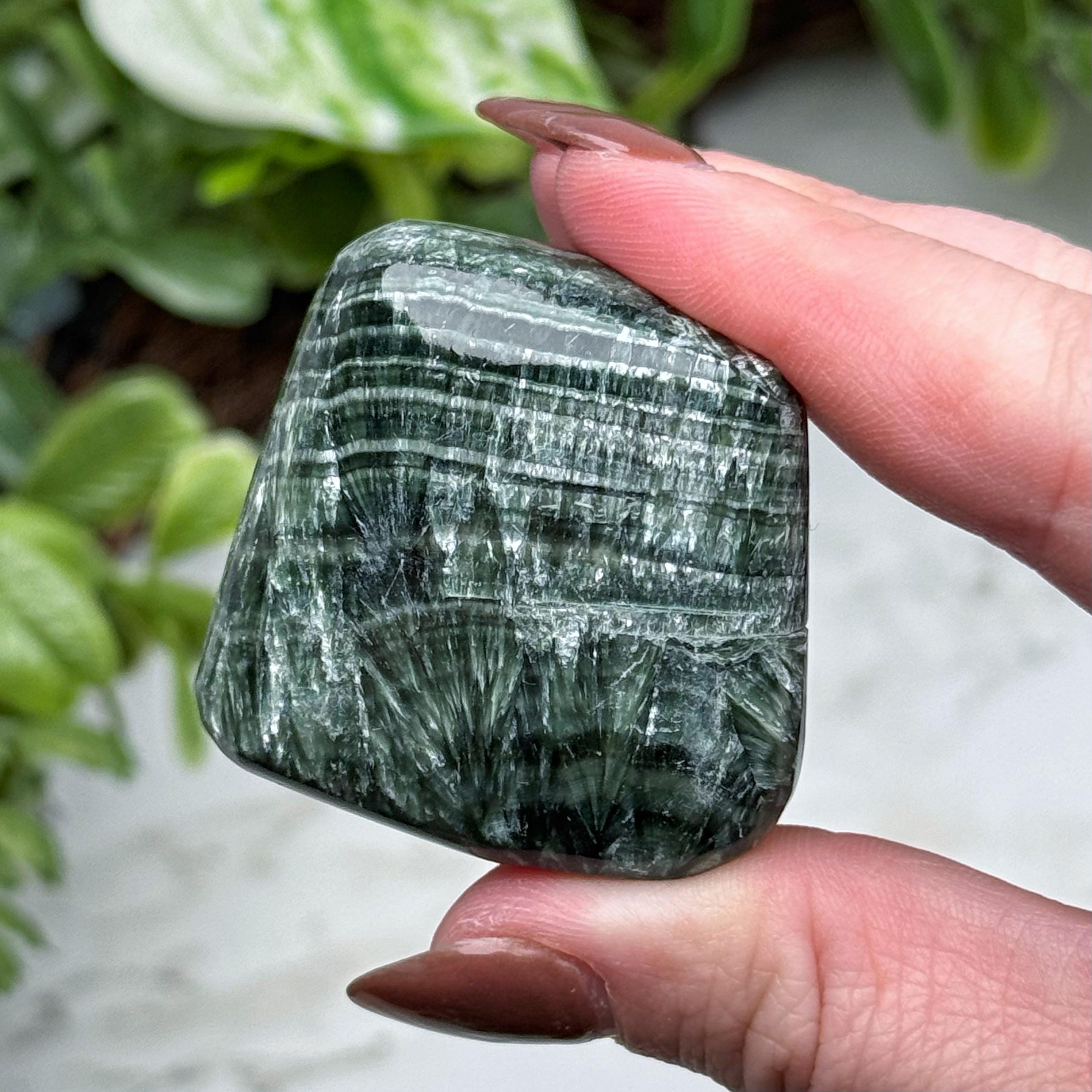 Seraphinite Palmstone , 42g , - #14 (polished Green Crystal Pocket Stone Palm, Heart Chakra, Compassion)