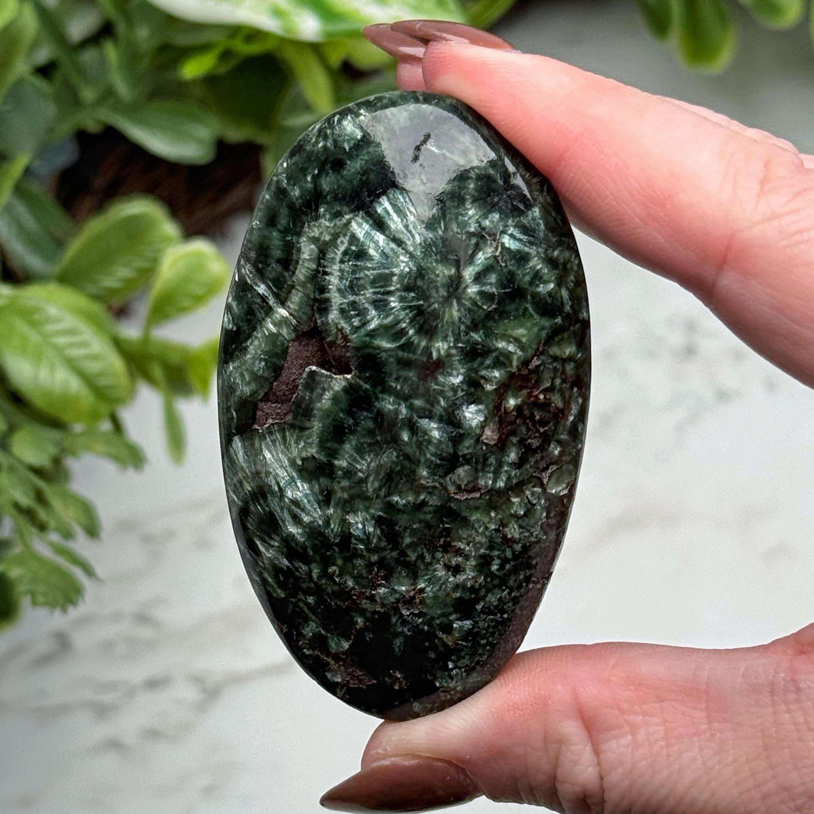 Seraphinite Palmstone , 48g , - #17 (polished Green Crystal Pocket Stone Palm, Heart Chakra, Compassion)