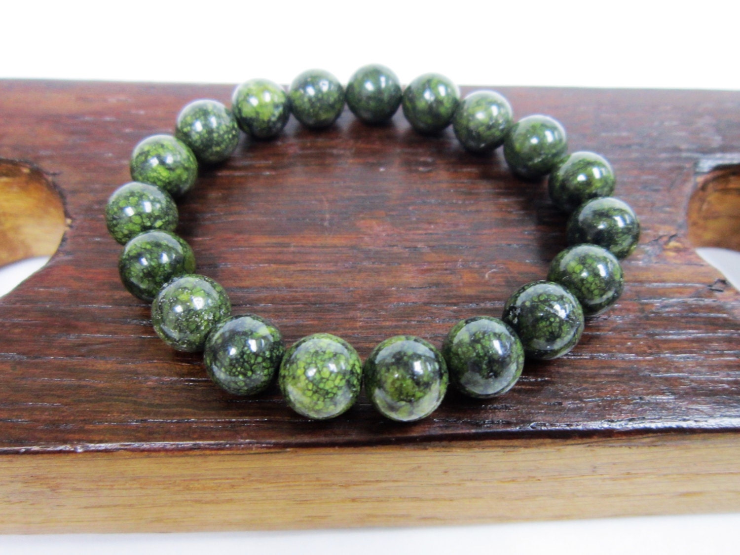 Serpentine Gemstone Bracelet, 10mm Round Beads, Crown Chakra