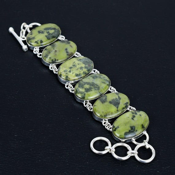 Handmade Serpentine Bracelet: 925 Sterling Silver Adjustable Chain
