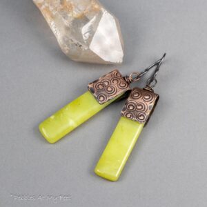 Bright Green Stone Bar Earrings: Textured Copper Earrings with Serpentine Stones