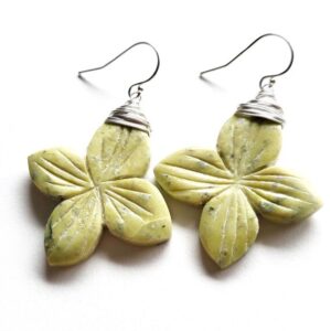Carved Flower Yellow Chartreuse Serpentine Earrings Sterling Silver, Handmade Jewelry Ready Ship, Made in Seattle, Gift for Her, Mothers Day
