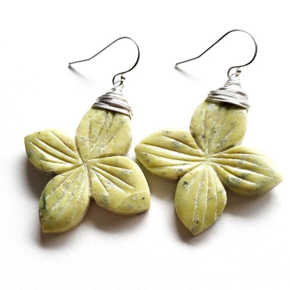 Carved Flower Yellow Chartreuse Serpentine Earrings Sterling Silver, Handmade Jewelry Ready Ship, Made In Seattle, Gift For Her, Mothers Day