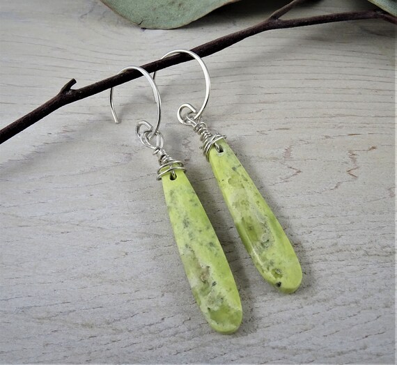 Chartreuse Earrings | Green Serpentine Dangle Earrings | Long Teardrop Lime Green Earrings