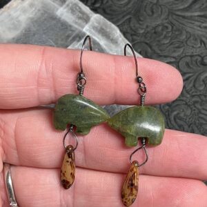 Green Nephrite Jade Serpentine Zuni Bear And Brown Drops Dangly Earrings