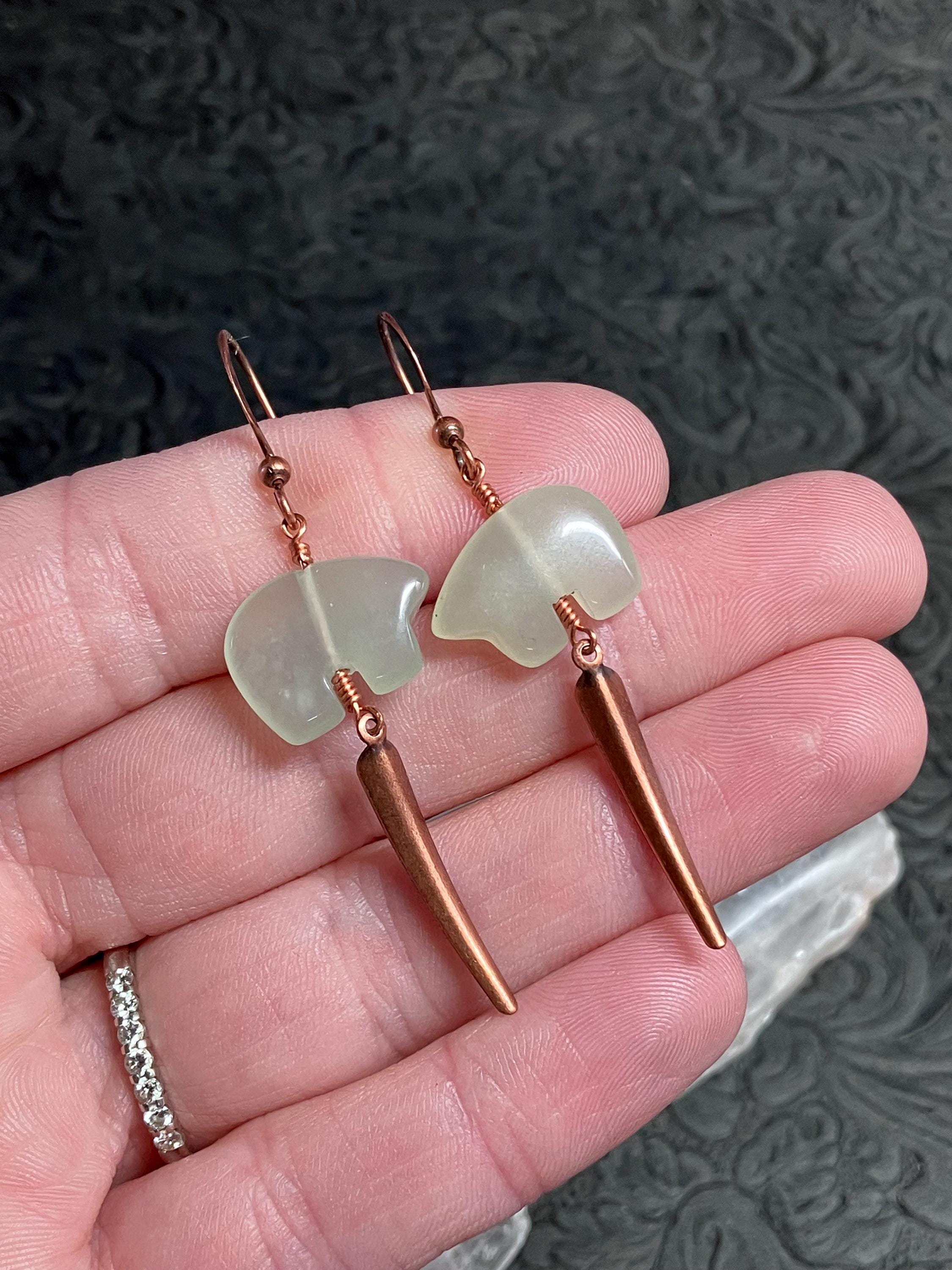 Green New Jade Serpentine Zuni Bear And Copper Dagger Dangly Earrings Green New Jade Serpentine Zuni Bear And Copper Dagger Dangly Earrings