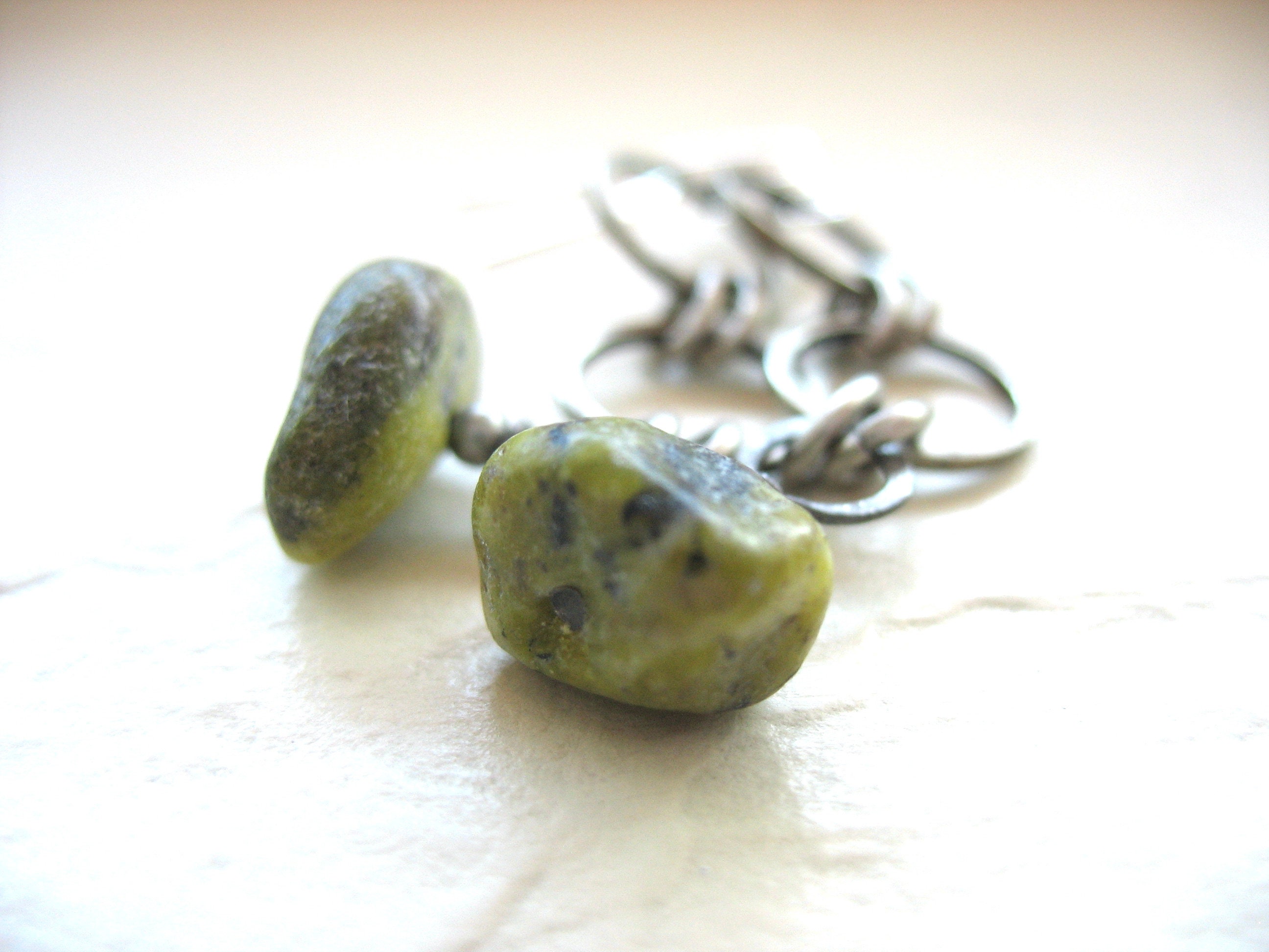 Serpentine Stone Silver Hoop Metalwork Earrings Jewelry Handmade In Usa