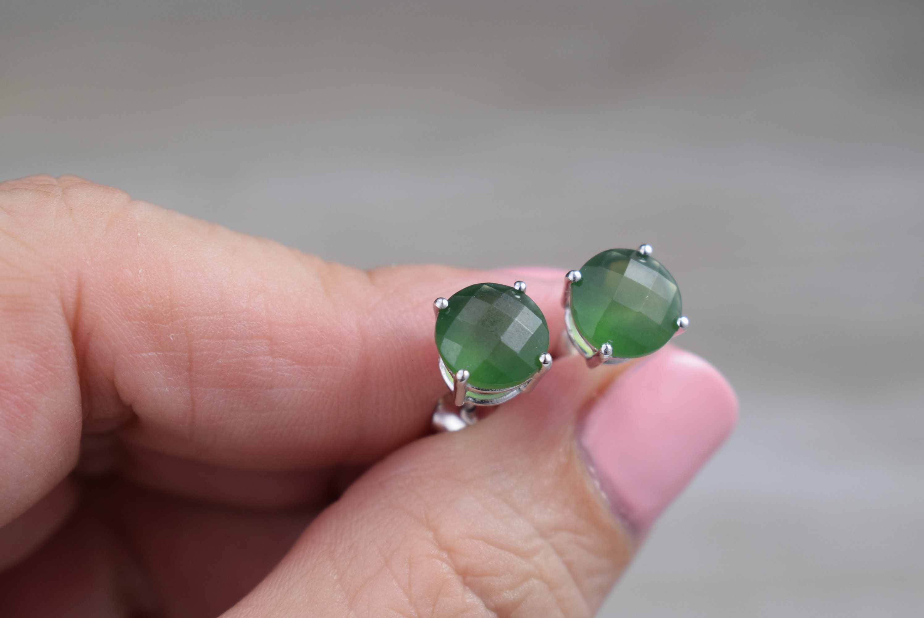 Serpentine Stud Earrings (sterling Silver) - Green - Large, Genuine Faceted Gemstone Studs - 8 Mm Round