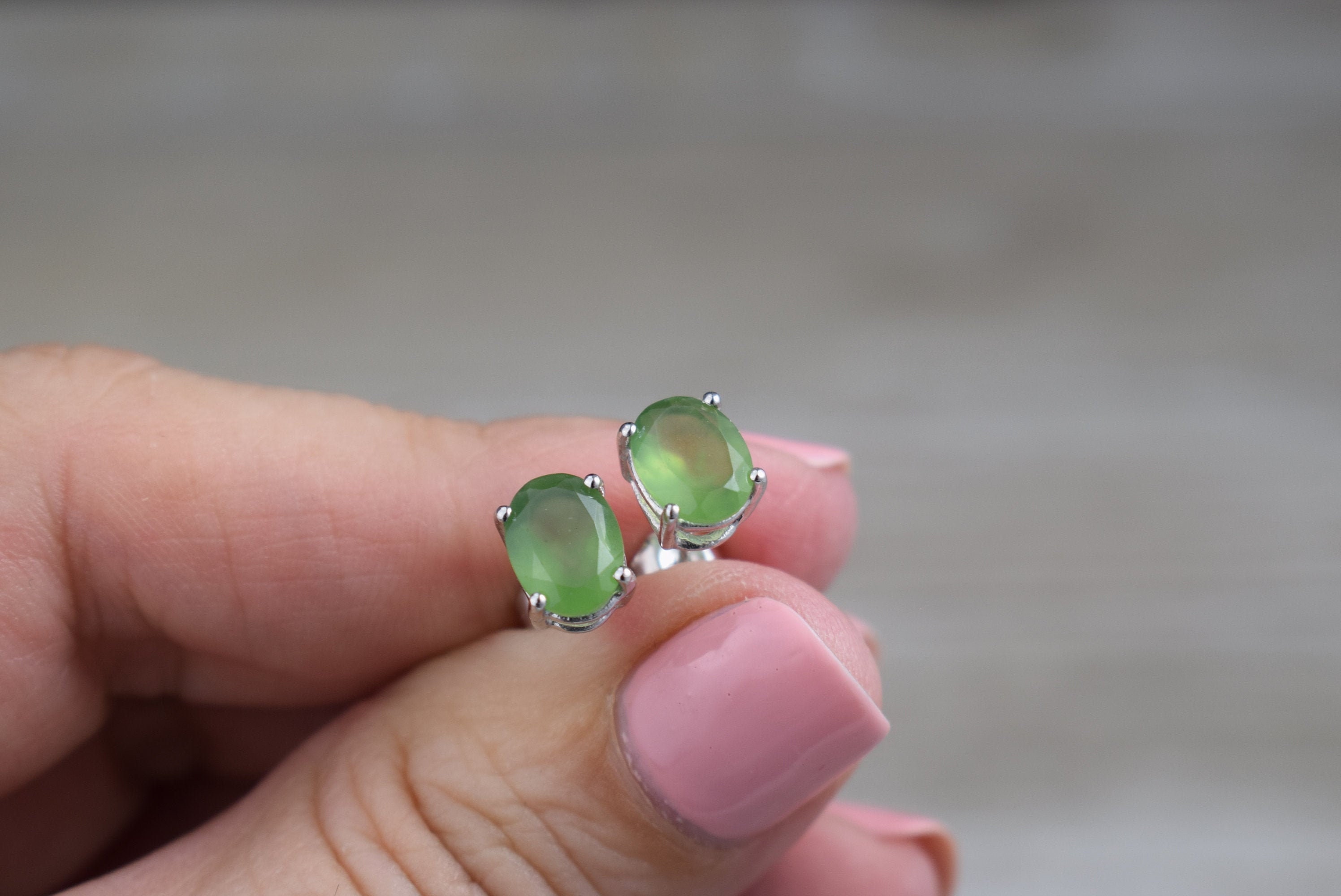 Serpentine Stud Earrings (sterling Silver) - Green - Large, Genuine Faceted Gemstone Studs - 8 X 6 Mm Oval