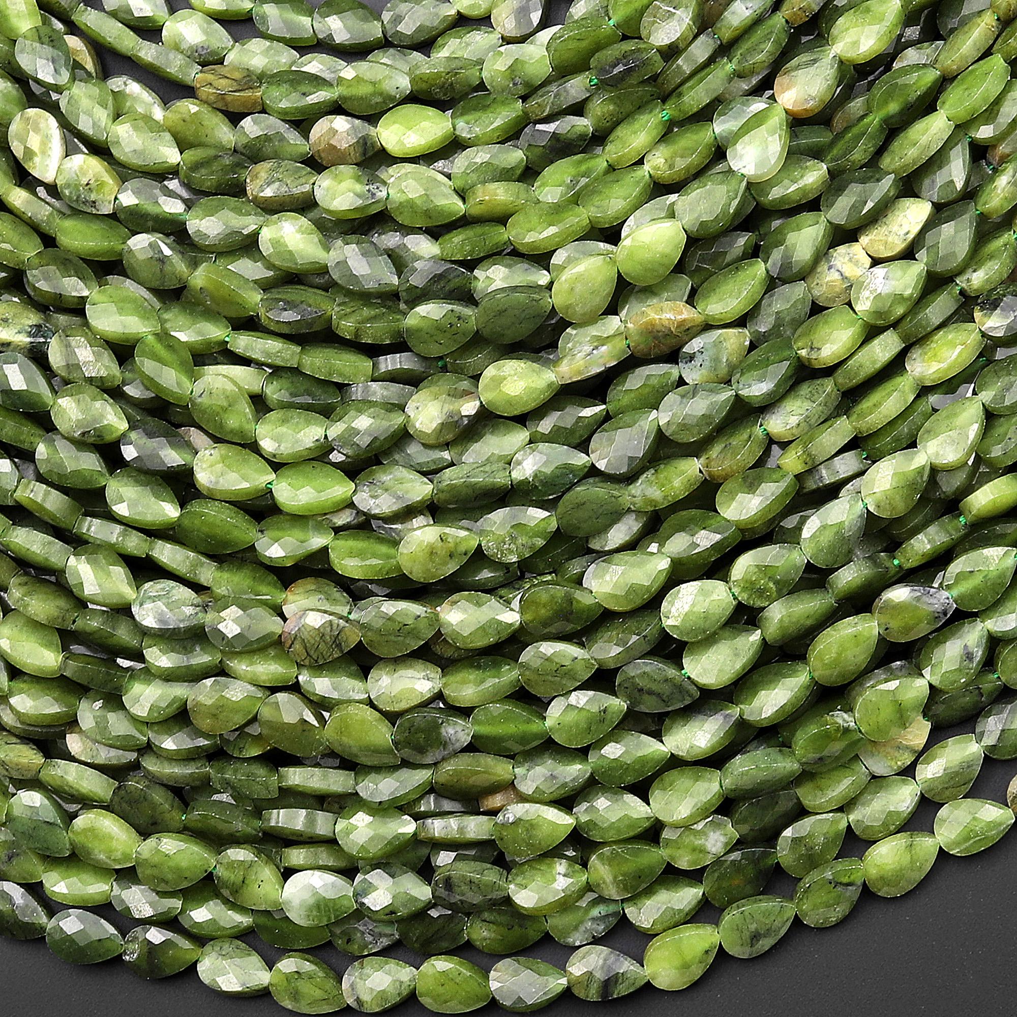 Faceted Natural Green Serpentine Jade Leaf Teardrop Gemstone Beads 4x6mm 15.5" Strand