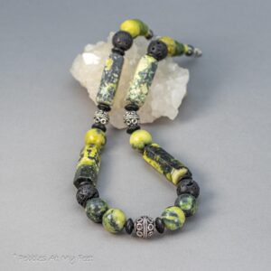 Chunky Beaded Short Necklace; Bright Green Serpentine and Black Stones