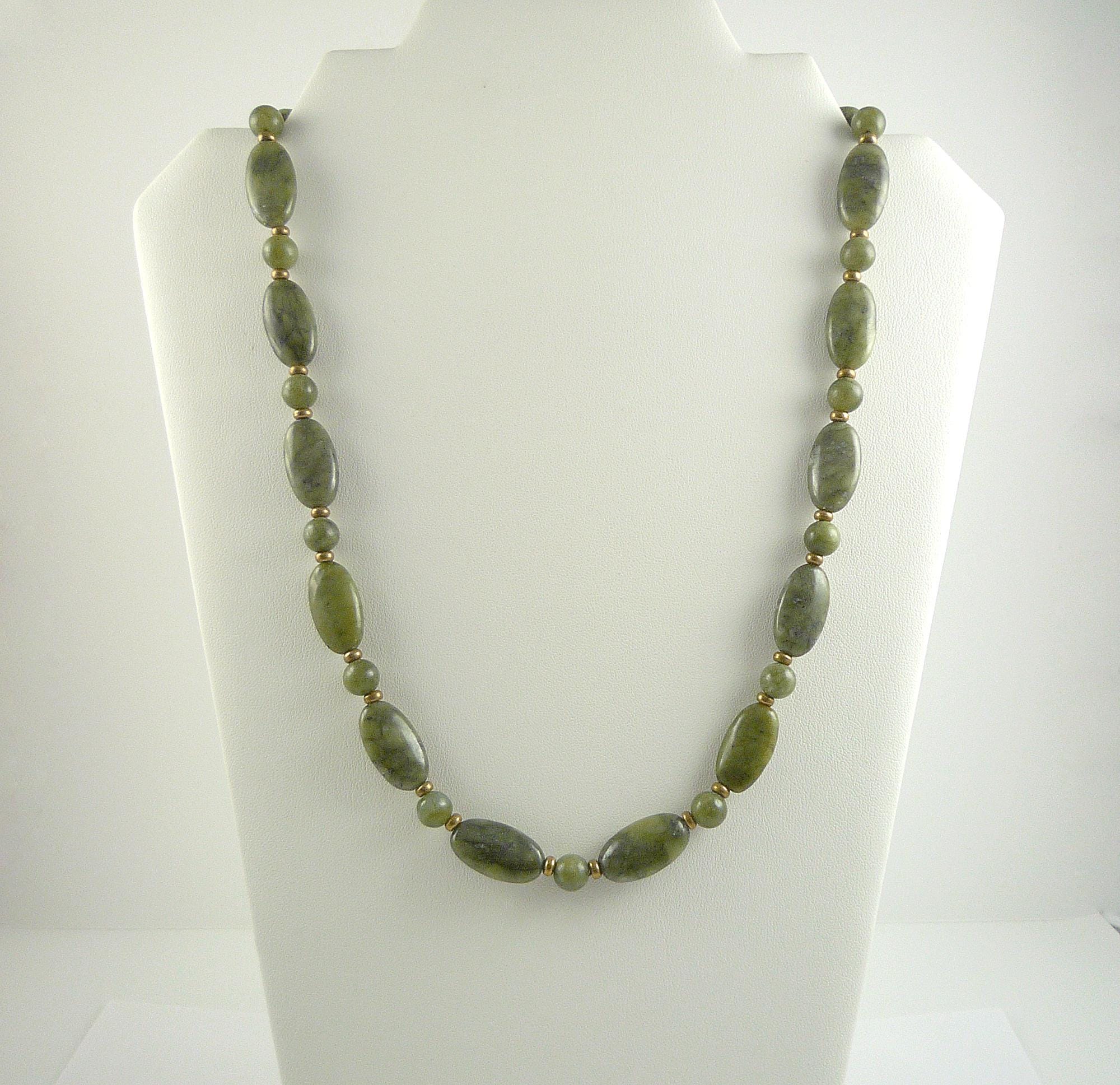 Green Serpentine Necklace 24-inch Green Gemstone Bead Necklace With Brass Accents