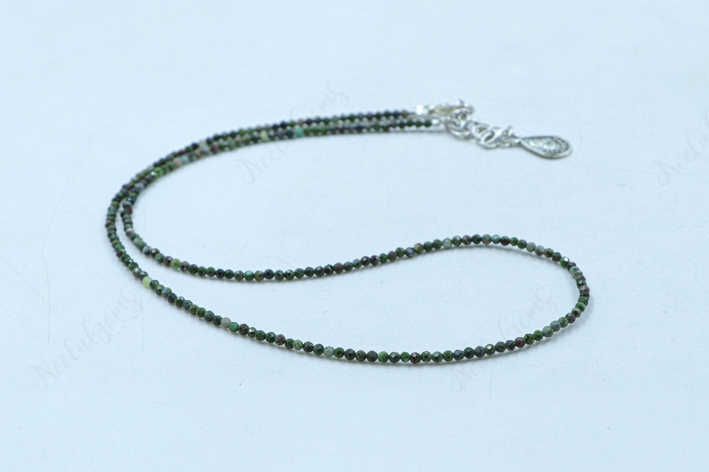 Green Serpentine Necklace, 2mm Micro Faceted Gemstone Choker, Dainty Emerald Green Beads, Minimalist Infinite Stone, Handmade Gift For Her