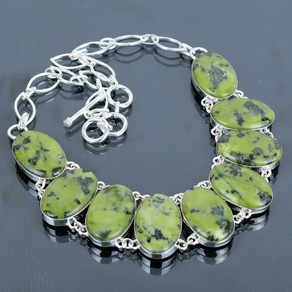 Handmade Serpentine Necklace: 925 Sterling Silver Adjustable Chain Handmade Serpentine Necklace: 925 Sterling Silver Adjustable Chain