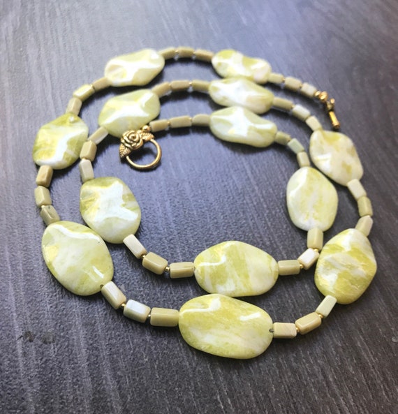Serpentine Jade Gemstone Necklace: Long Yellow-green, One-of-a-kind