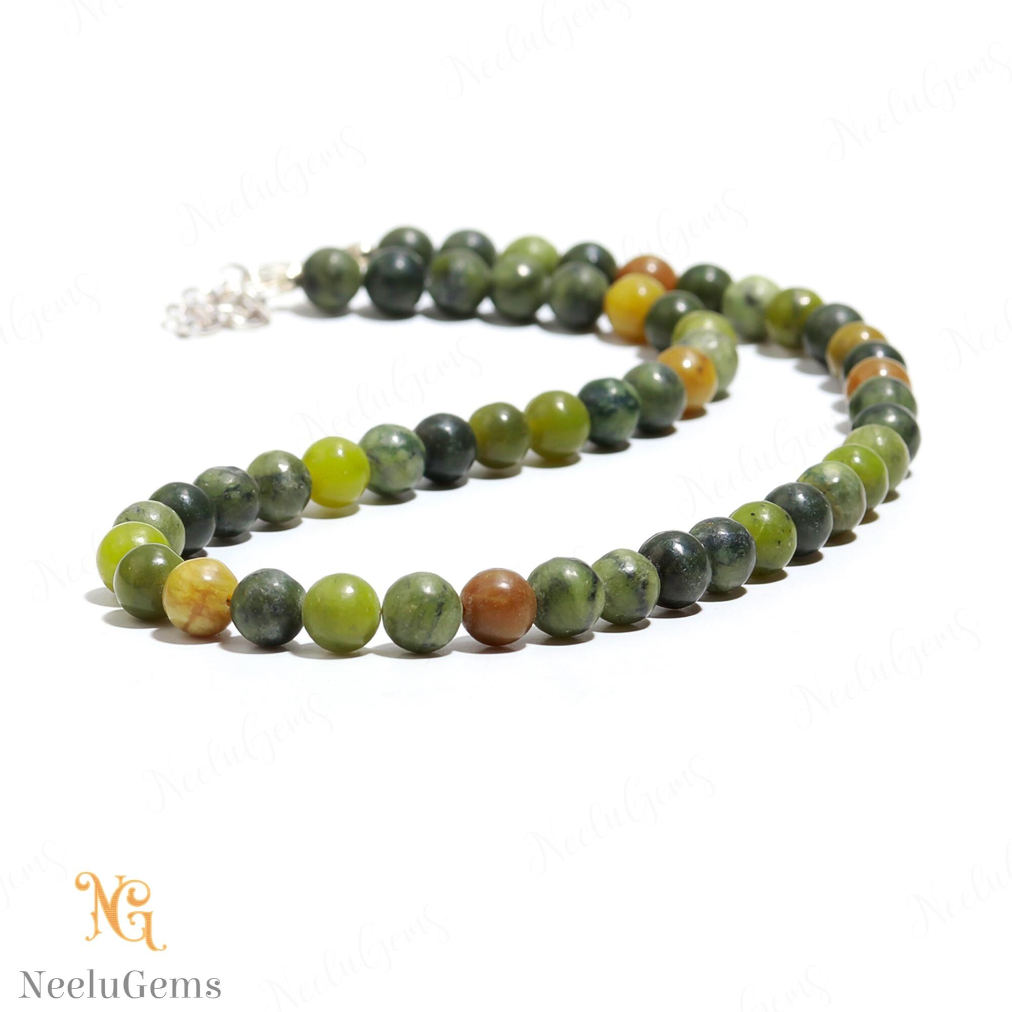 Natural Green Serpentine Necklace, 18 Inch Handmade Gemstone Beaded Jewelry, Olive Green Stone Healing Kundalini Crystal Gift For Loved Ones Natural Green Serpentine Necklace, 18 Inch Handmade Gemstone Beaded Jewelry, Olive Green Stone Healing Kundalini Crystal Gift For Loved Ones