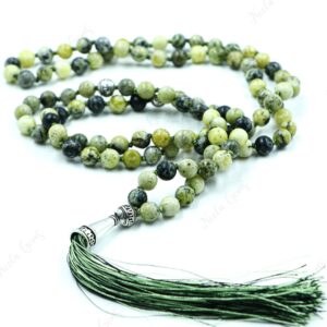 Yellow Serpentine Mala Necklace 108 Beads Hand Knotted, New Jade Tassel Necklace, Solar Plexus Chakra Healing, Yoga Meditation Prayer Beads