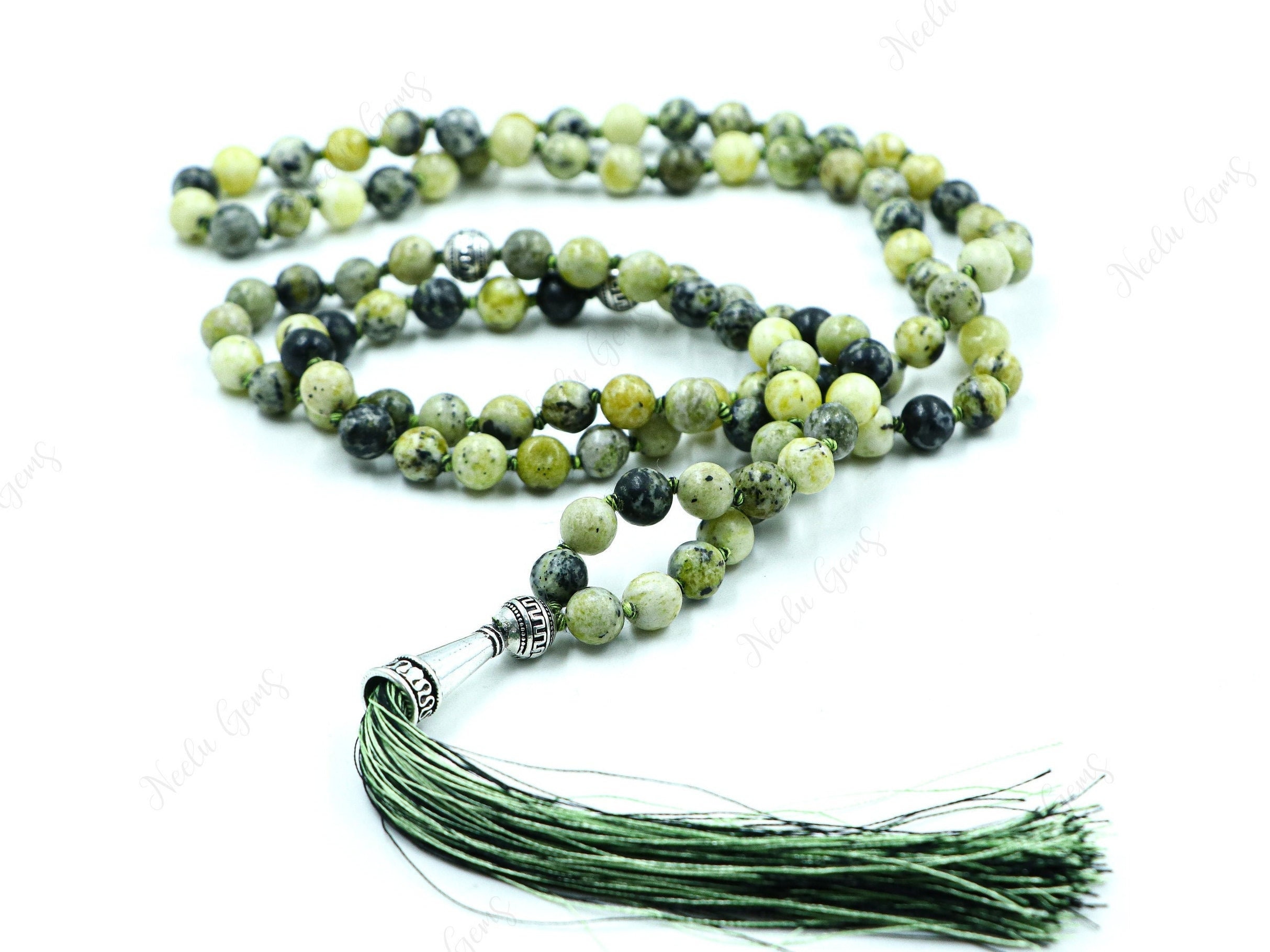 Yellow Serpentine Mala Necklace 108 Beads Hand Knotted, New Jade Tassel Necklace, Solar Plexus Chakra Healing, Yoga Meditation Prayer Beads