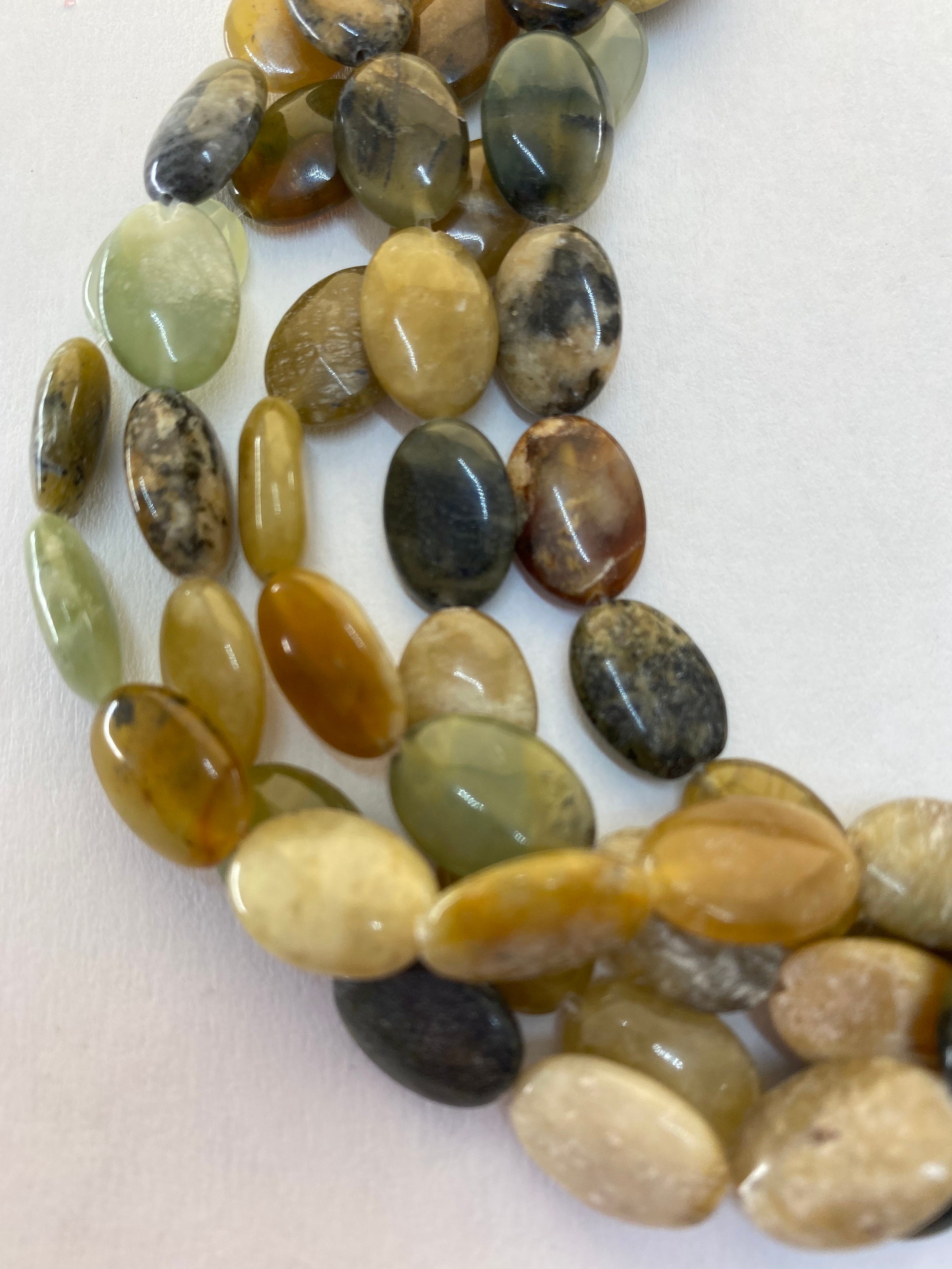 10x14mm Oval New Jade Gemstone Beads. 15” Strand Of Mixed Brown And Green Oval Beads, 30 Per Strand. Rainbow Serpentine. Flower Jade.