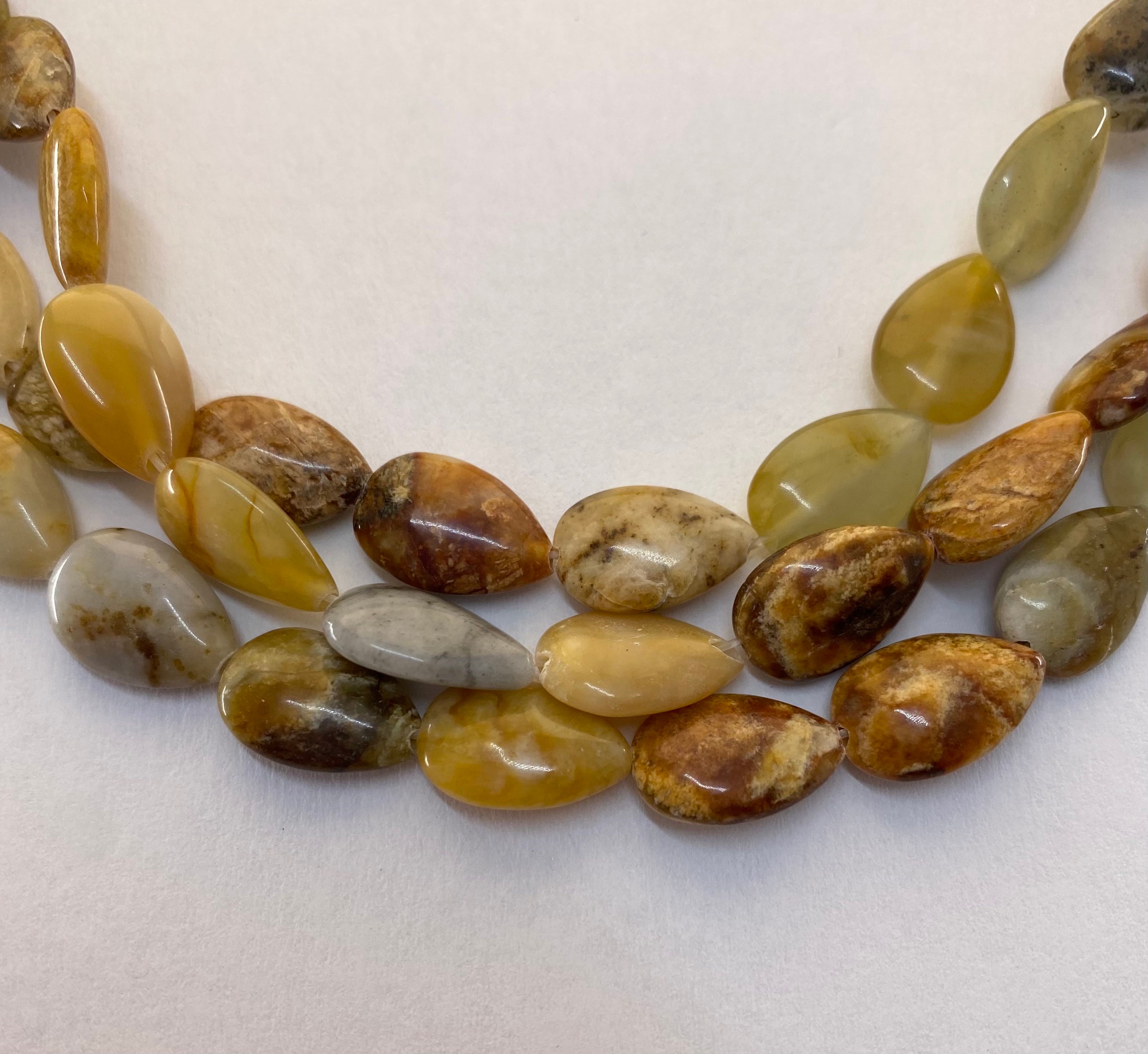 10x14mm Teardrop New Jade Gemstone Beads. 15” Strand Of Mixed Brown And Yellow-green Beads, 28 Per Strand. Rainbow Serpentine. Flower Jade.