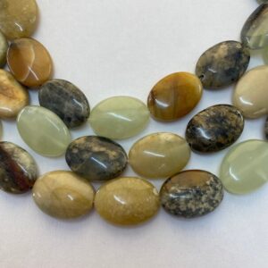 13x18mm Oval New Jade Gemstone Beads. 15” strand of mixed brown and green oval beads, 22 per strand. Rainbow Serpentine. Flower Jade. 13x18mm Oval New Jade Gemstone Beads. 15” strand of mixed brown and green oval beads, 22 per strand. Rainbow Serpentine. Flower Jade.